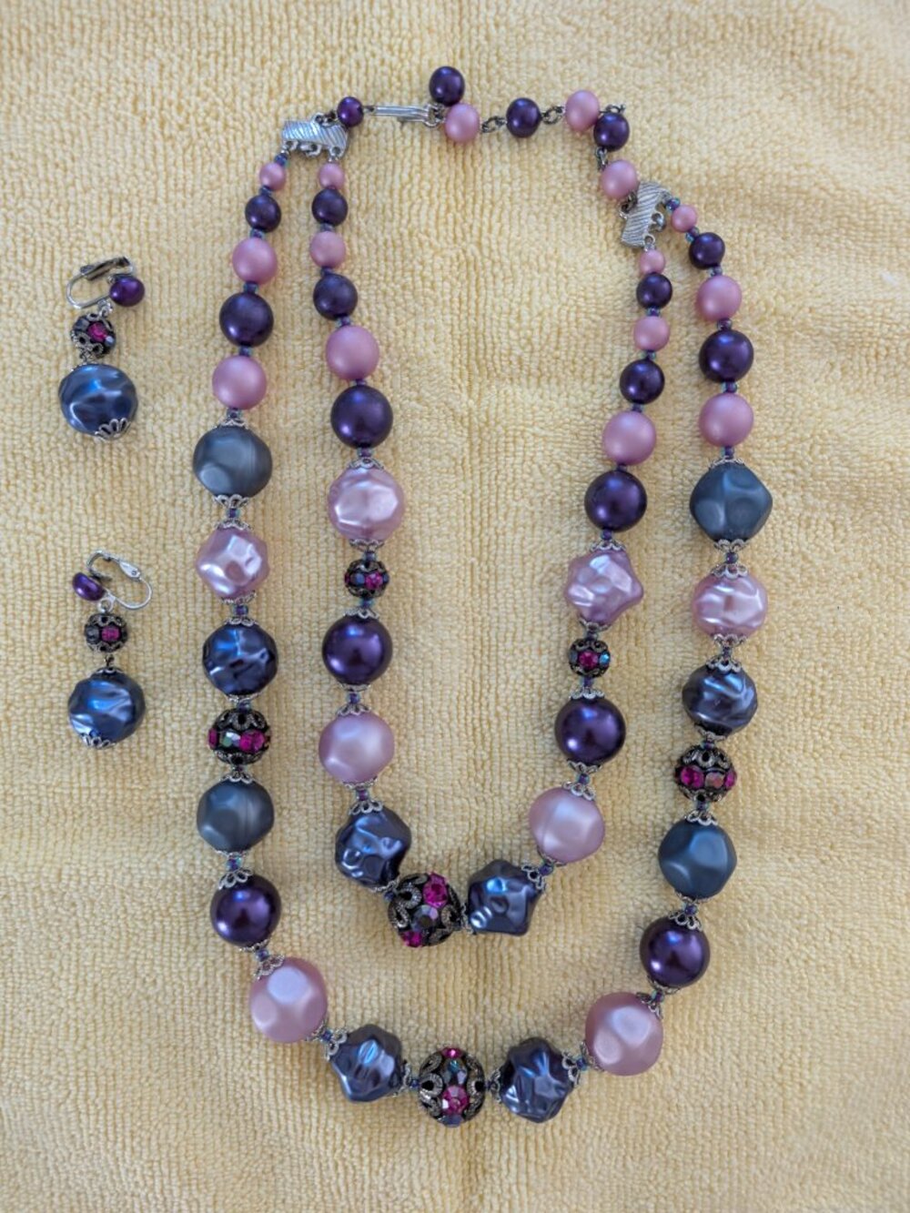 Vintage Double Necklace and clip Earing set